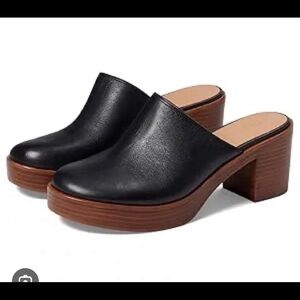 Madewell Black Leather Platform Mule Clogs with Brown Wood Heel